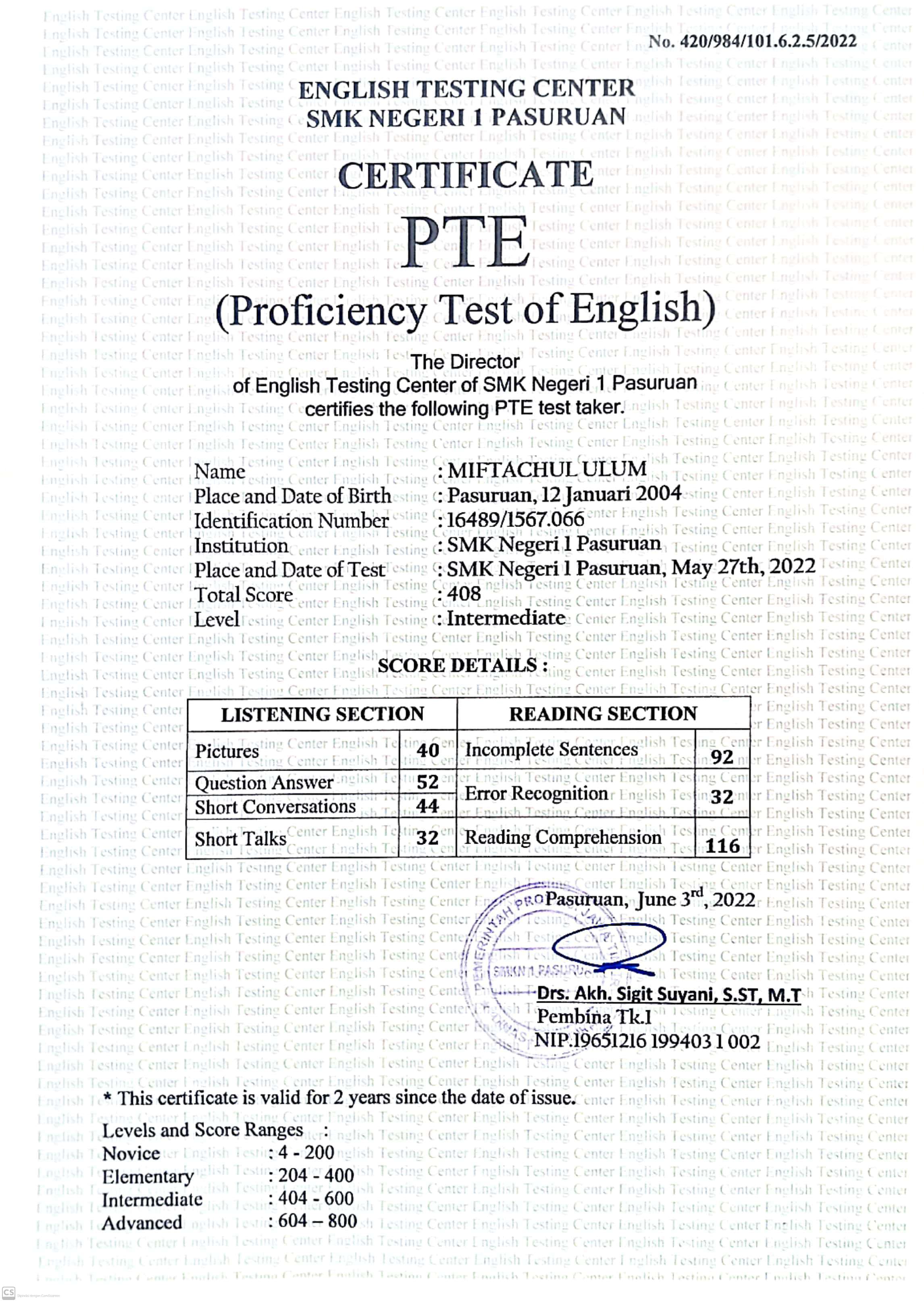 Certifications IELTS PTE